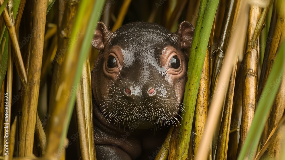 Fototapeta premium Curious Baby Pygmy Hippo Exploring Among Reeds with Playful Eyes