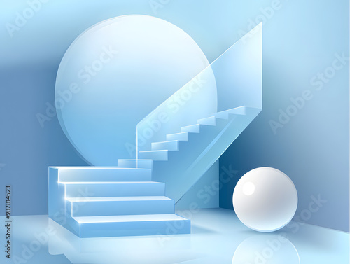 Glass wall and sphere 3D rendering style blue round cylinder podium for products