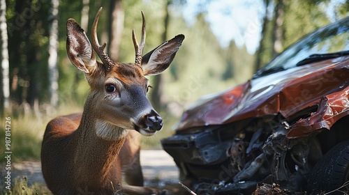 A car crashed into a deer that ran out of the woods.  The accident damaged the car and hurt the deer. This is a common problem where cars and wildlife meet.