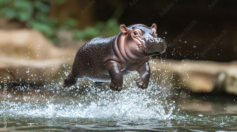 Fototapeta premium Playful Baby Pygmy Hippo Leaping into Water with Joy, Splashing and Creating Ripples