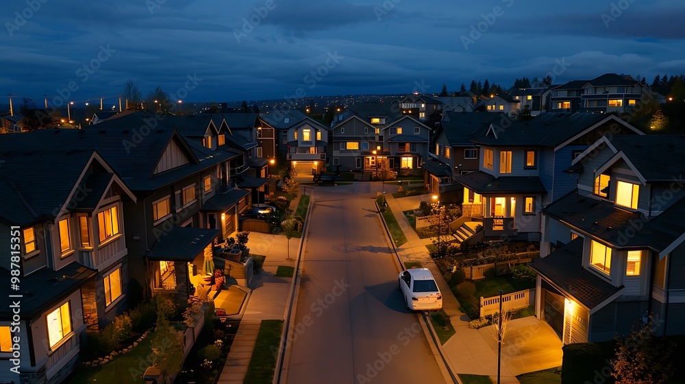 Suburban homes at night shopping on the web andintelligent residence Management