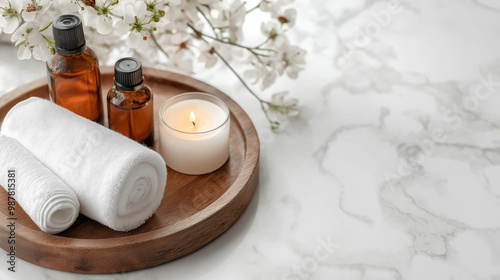  Elegantly arranged spa essentials including towel, oil, and candle on marble table