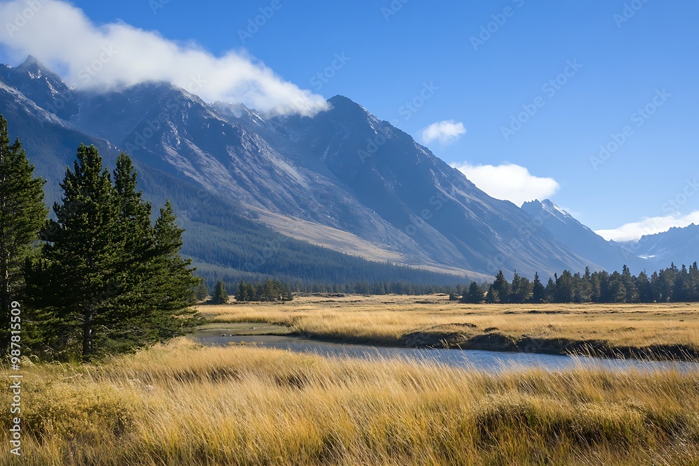 Picturesque Mountain Valley Landscape with River and Blue Sky Picturesque Mountain Valley Landscape with River and Blue Sky