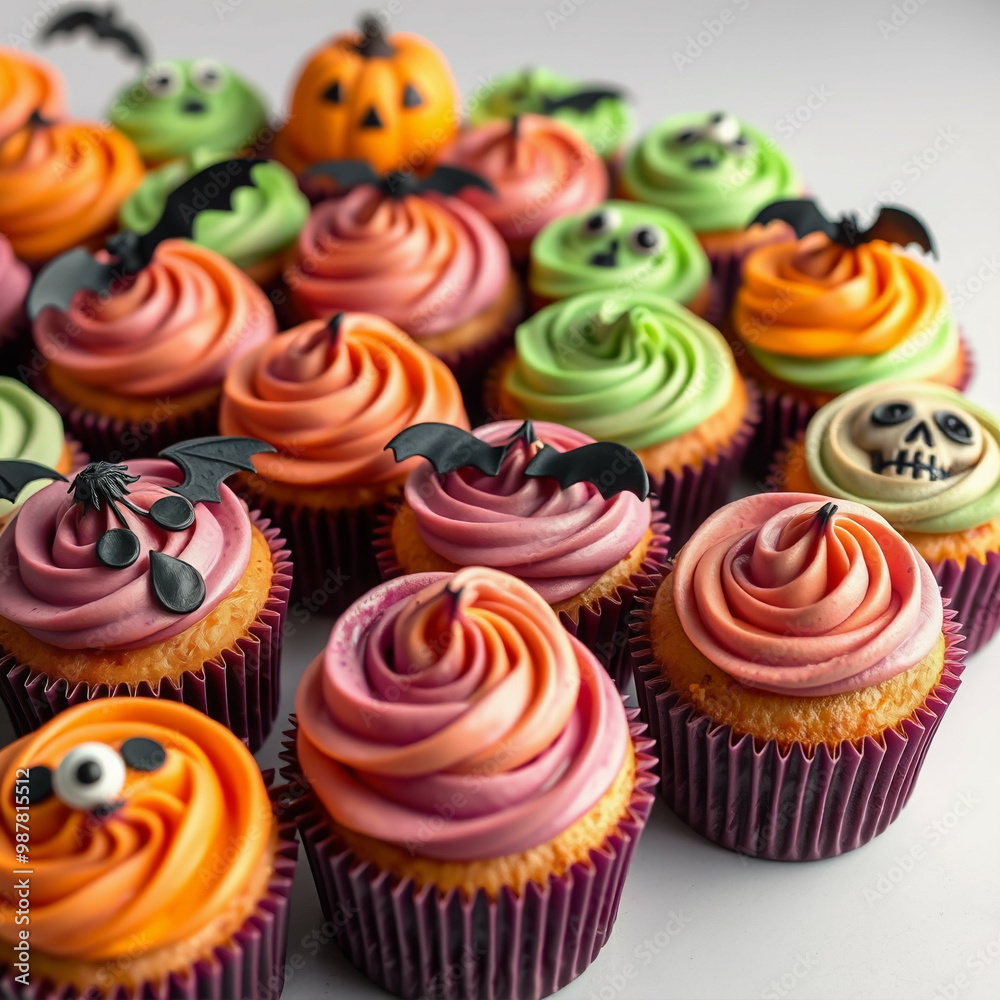 Halloween cupcakes with bats and colorful cream Halloween cupcakes with bats and colorful cream