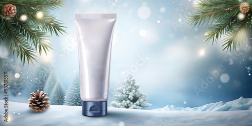 Blank Cream Product Display With Winter Pine and Snow Background photo