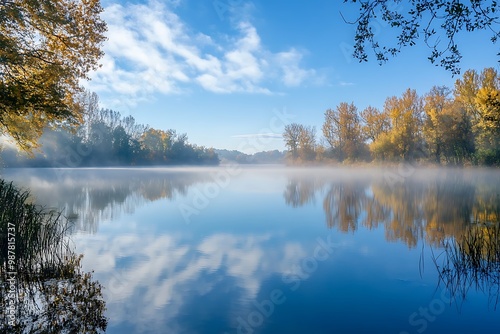 Serene Autumn Landscape, Misty Lake with Blue Sky & Colorful Trees