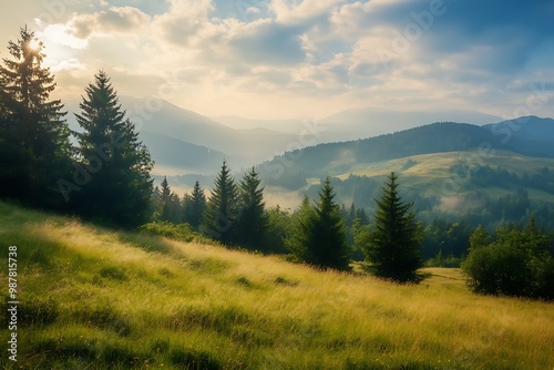 Sunrise over rolling hills and a pine forest in the mountains