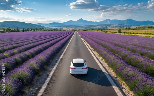 A white car drives down a winding road through a field of purple lavender. The mountains in the distance create a picturesque background.