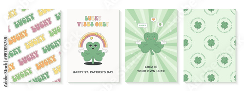 St. Patrick's Day holiday cards with cheerful messages. Cute cartoon shamrock characters in retro groovy style.