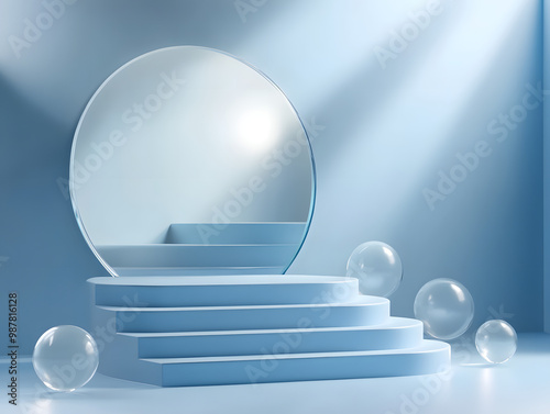 Glass wall and sphere 3D rendering style blue round cylinder podium for products