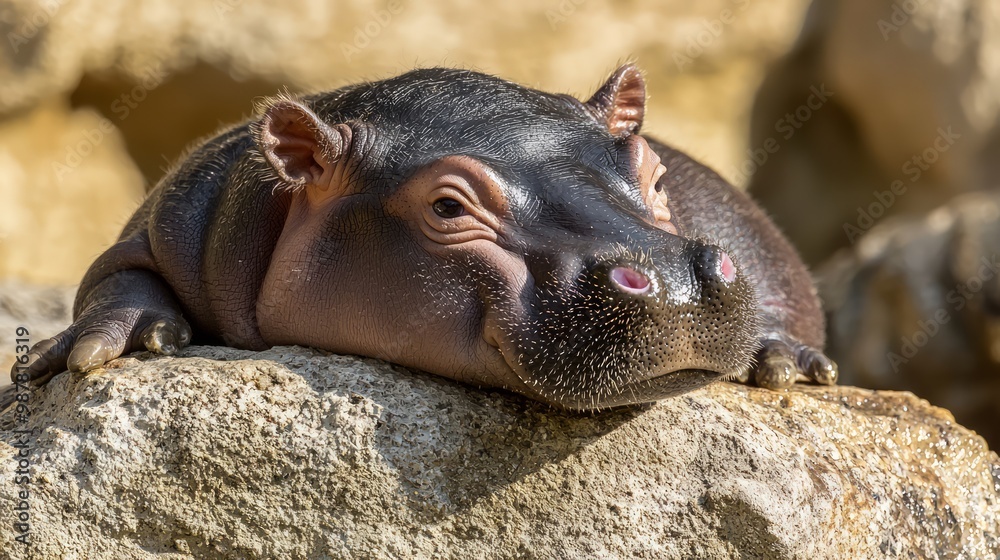 Adorable Baby Pygmy Hippo Enjoying Sunlight on a Rock Adorable Baby Pygmy Hippo Enjoying Sunlight on a Rock