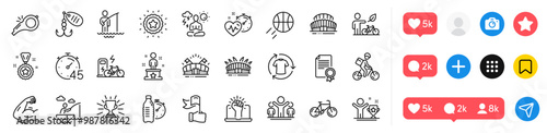 Sports stadium, Timer and Winner star line icons pack. Social media icons. Winner, Boat fishing, Yoga web icon. Arena stadium, Eco bike, Sports arena pictogram. Vector