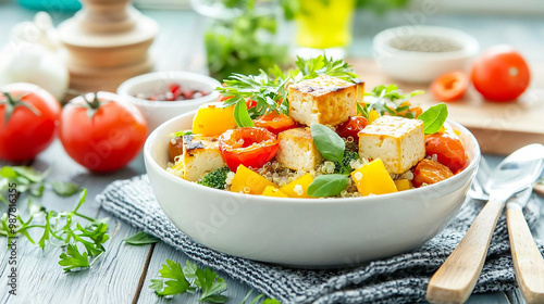 Baked tofu with quinoa and roasted vegetables, ideal for a vegan intermittent fasting meal, plant-based fasting meal, nutrition-packed dish photo