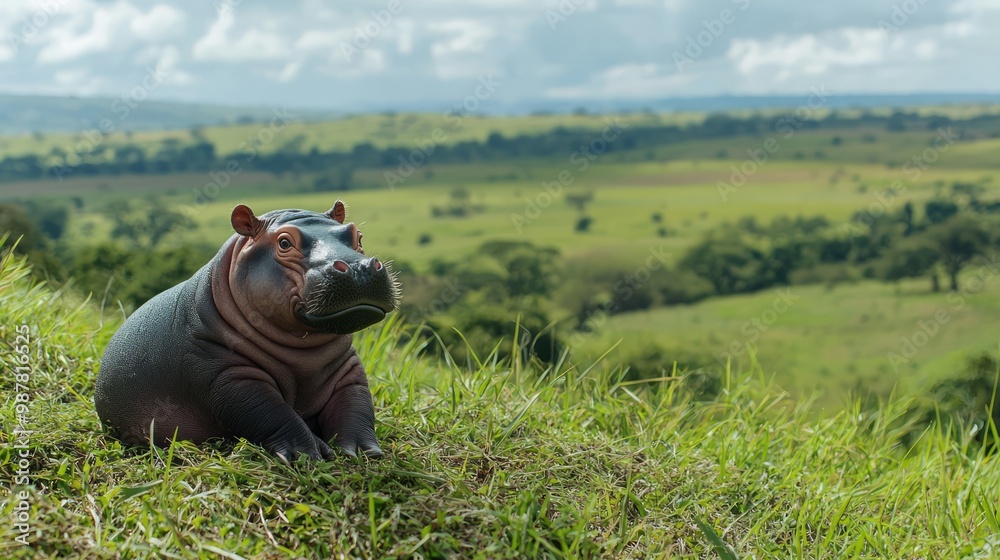Fototapeta premium Serene Baby Pygmy Hippo Enjoying Tranquility on Grassy Hilltop with Scenic Landscape View