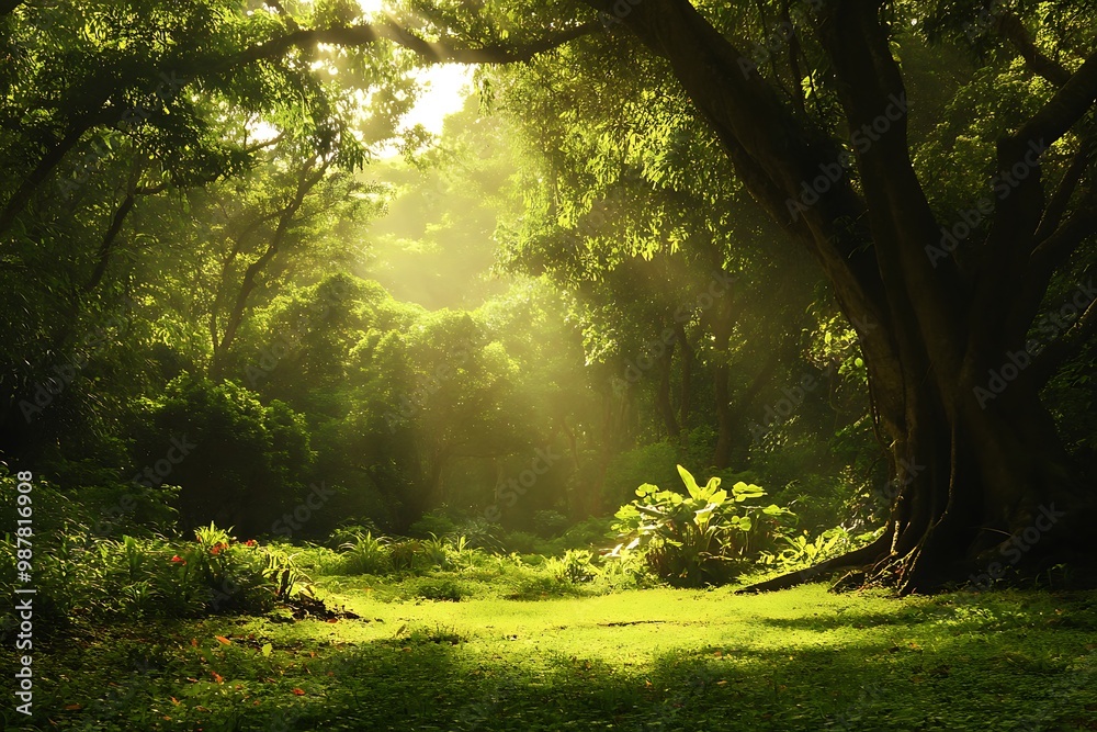 Obraz premium Sunlight streaming through trees in lush green forest. Nature, wilderness, tranquility, peace, beauty, background