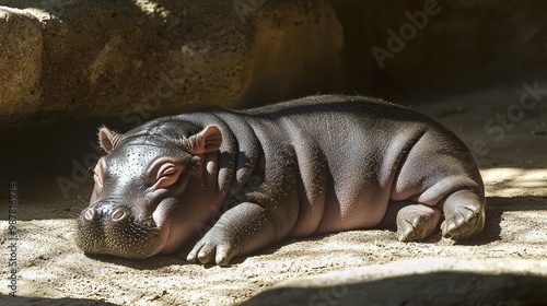 Serene Baby Pygmy Hippo Bathed in Sunlight with Gentle Shadows Caressing its Form photo