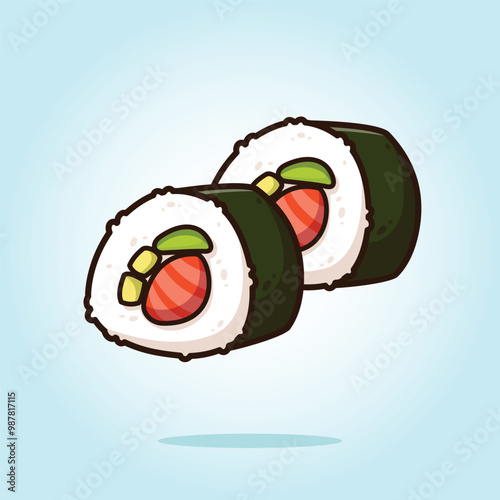 Japanese maki sushi roll with salmon and avocado. food vector cartoon illustration