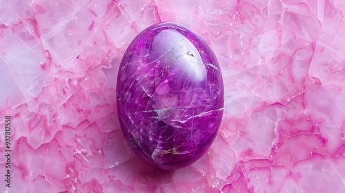 Sugilite gemstone polished against a pink background photo