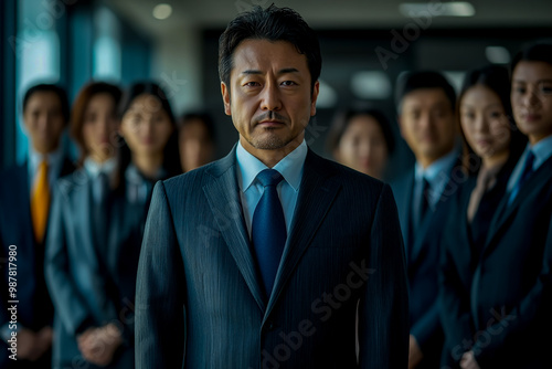 A businessman in a suit stands with a group, facing the camera in a naturally lit office.