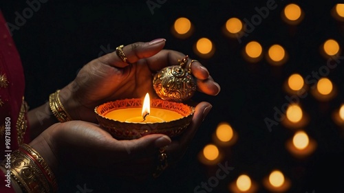 Diwali Hindu Festival of lights celebration. close up Diya lamp in woman hands on black background photo