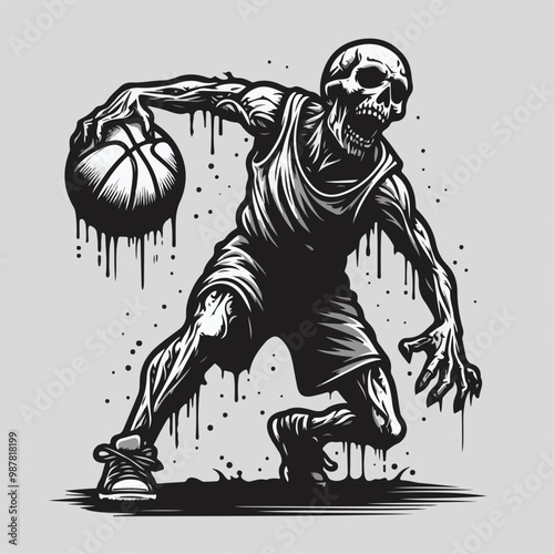 Zombie Playing Basket Cartoon Character Design. With A Zombie Play Basket Recomended For Helloween Mascot, Bascet Cartoon, And Other.