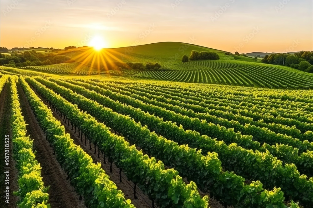 A scenic vineyard in the countryside, with rows of grapevines and rolling hills under the golden sun A scenic vineyard in the countryside, with rows of grapevines and rolling hills under the golden sun