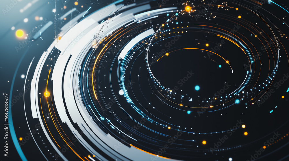 Obraz premium Abstract black background with Colorful geometric and circle lines. Digital future technology . Abstract business connection of lines from nodes innovation of communication in the network.