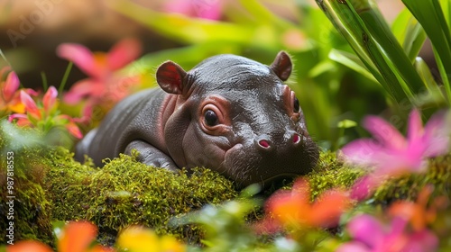 Baby Pygmy Hippo Napping on Moss Bed Among Vibrant Flowers and Foliage in Nature photo