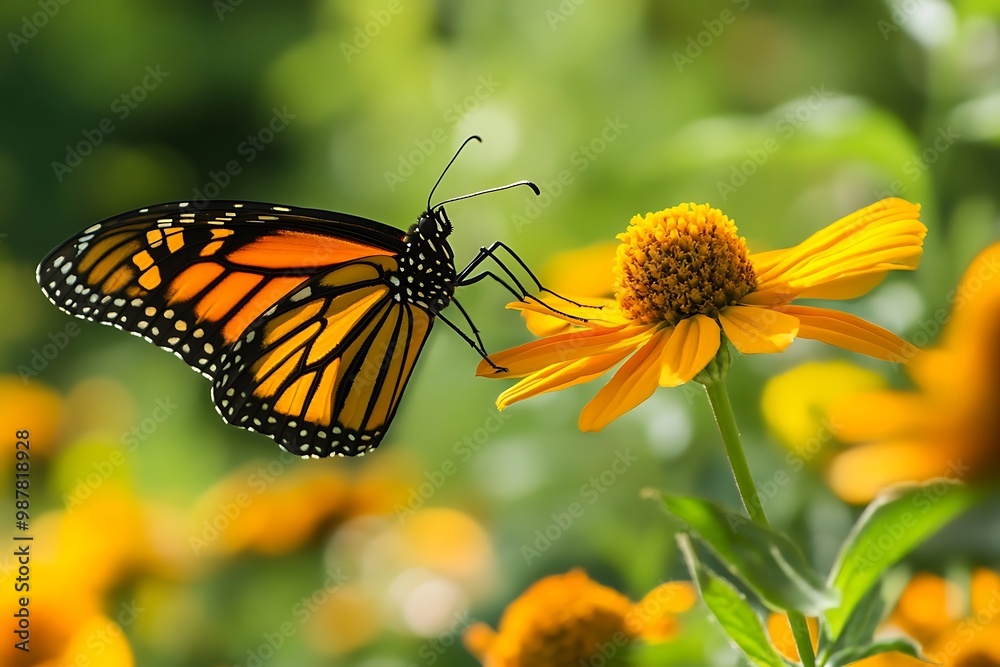 Monarch butterfly pollinating a yellow flower in a garden Monarch butterfly pollinating a yellow flower in a garden