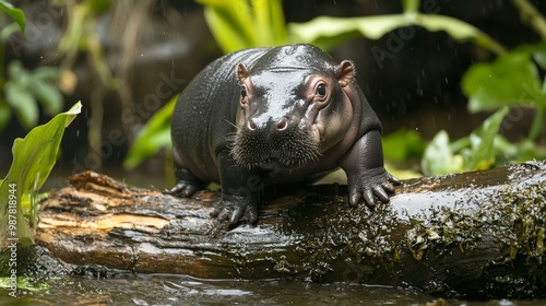 Playful Baby Pygmy Hippo Tumbling Over Log in Lush Jungle Setting photo