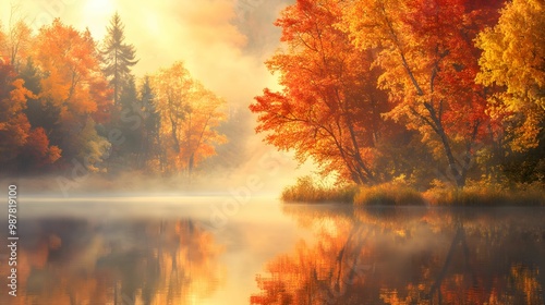 Obraz na płótnie jesień, krajobraz, mgła, ciepłe kolory, drzewa, natura, poranek, mglista atmosfera, pejzaż, ilustracja, pomarańcz w salonie