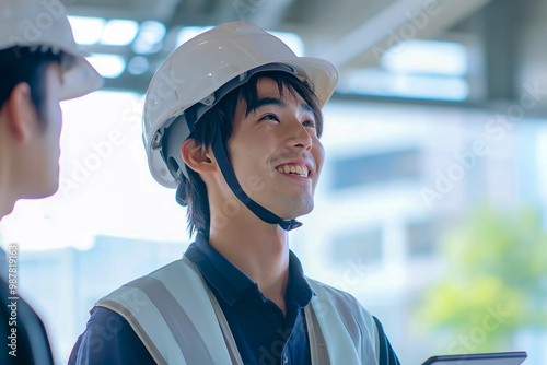 A construction worker in a white helmet smiles up at the sky while holding a tablet.