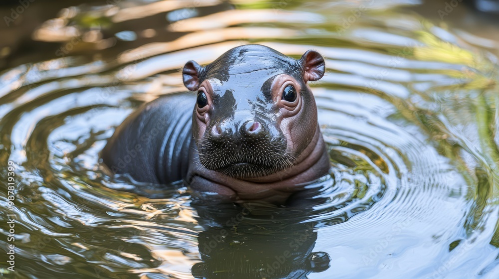 Fototapeta premium Serene Baby Pygmy Hippo Soaking Up Sunshine on Riverside with Gentle Ripples and Reflections