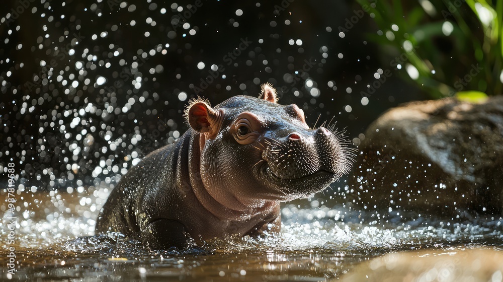 Fototapeta premium Playful Baby Pygmy Hippo Enjoying Water Splash under Sunlight