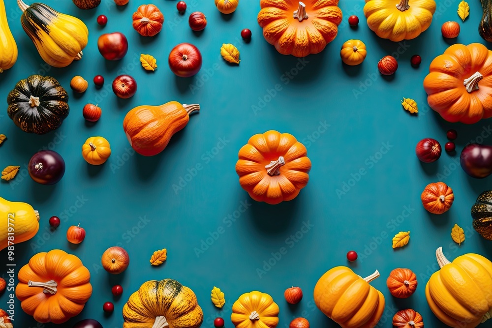 Vibrant 3D Fruits and Squash on a Cerulean Backdrop for Thanksgiving Festivities Vibrant 3D Fruits and Squash on a Cerulean Backdrop for Thanksgiving Festivities