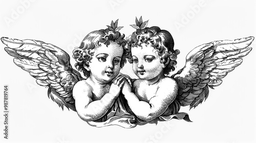 Vintage illustration of two cherubs with wings, depicted in a detailed and intricate black and white style on a white background. Concept of innocence and angelic beings