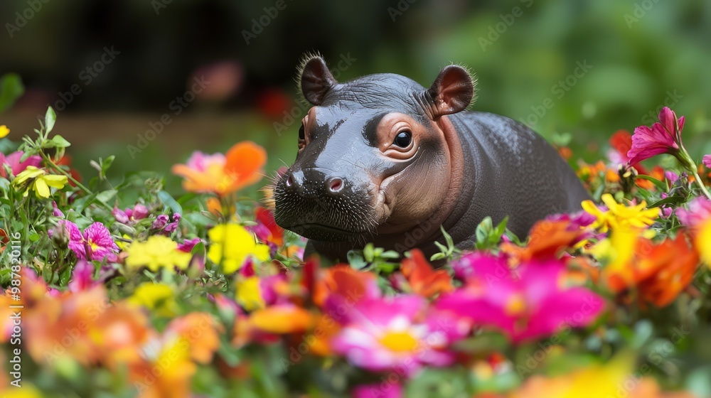 Fototapeta premium Playful Baby Pygmy Hippo Delighting in Colorful Flower Garden Exploration