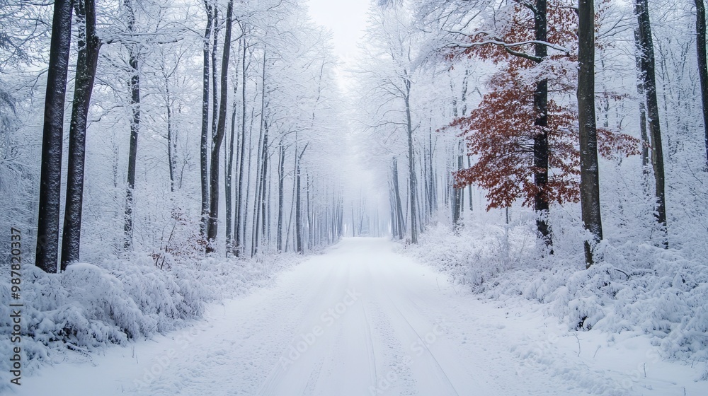 Naklejka premium White snow covers the forest trees and roads, creating a winter wonderland.