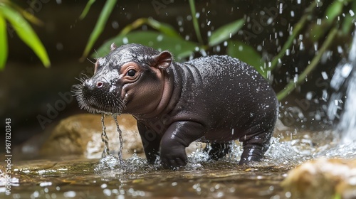 Adorable Baby Pygmy Hippo Delighting in Water Splash with Glistening Droplets