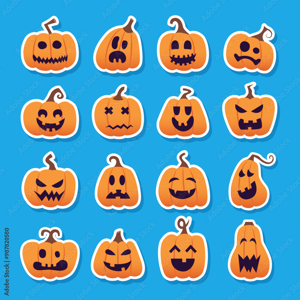 Halloween pumpkin faces with a variety of spooky, funny expressions Halloween pumpkin faces with a variety of spooky, funny expressions