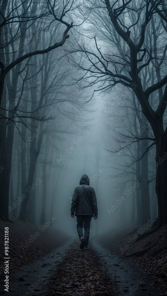 Person walking alone in a foggy forest with bare trees, misty path, and serene atmosphere leading into the distance Person walking alone in a foggy forest with bare trees, misty path, and serene atmosphere leading into the distance