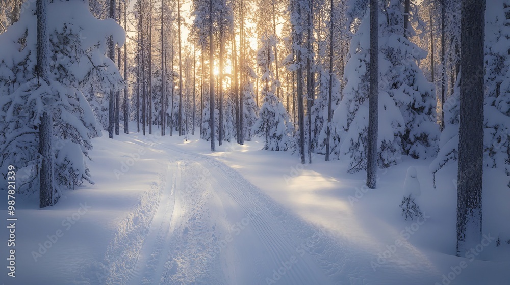 Winter's crisp morning paints a picture of a snowy forest. Frost sparkles on the trees, while the ski tracks disappear under a blanket of snow.