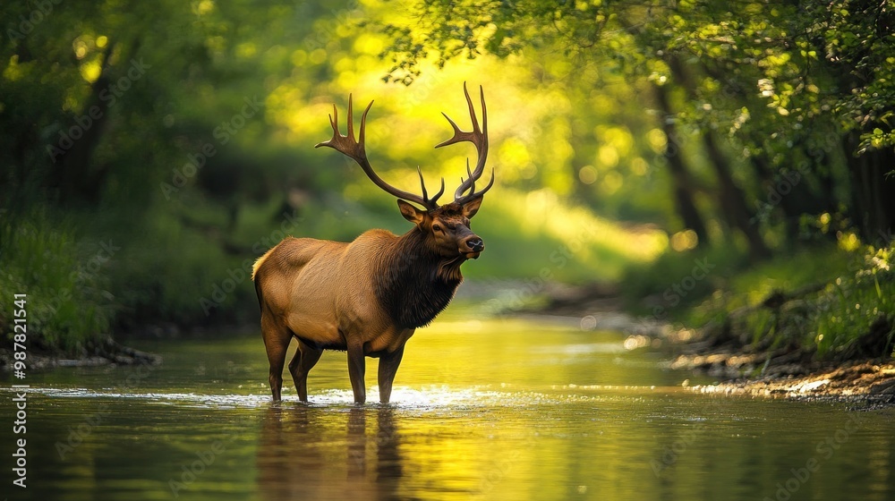 Fototapeta premium A majestic elk stands in a serene stream surrounded by lush greenery and soft sunlight.