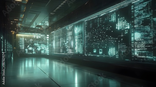 Futuristic hallway with glowing digital displays and tiled floor.