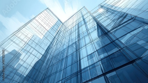 A low-angle view of a modern glass skyscraper against a cloudy sky.