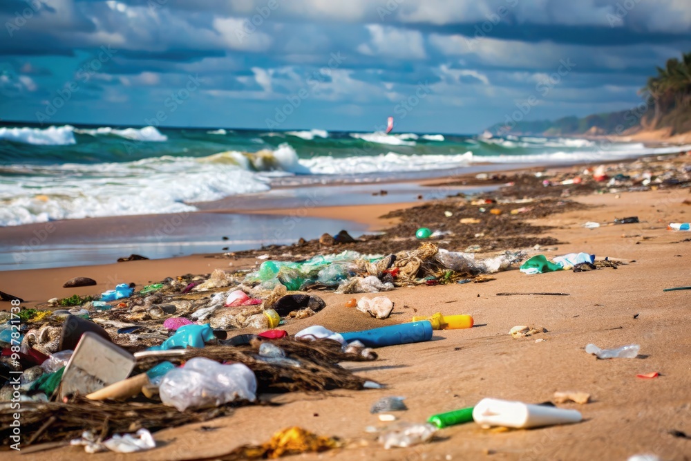 Garbage washed ashore after storm at coastal beach during daylight hours. Generative AI Garbage washed ashore after storm at coastal beach during daylight hours. Generative AI