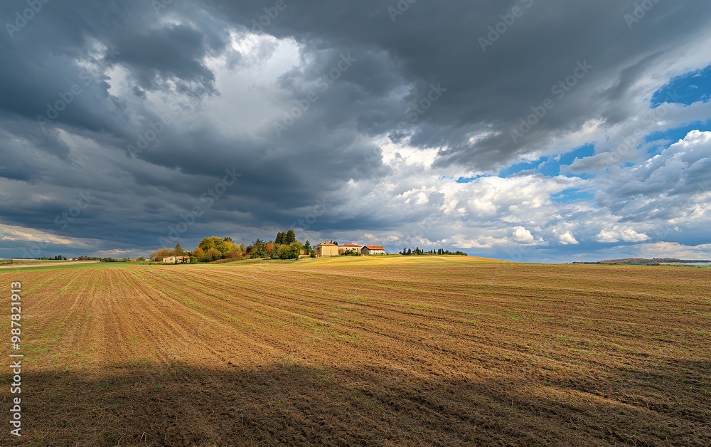 A farmhouse sits atop a hill in a wide open field, with dramatic clouds overhead. A farmhouse sits atop a hill in a wide open field, with dramatic clouds overhead.