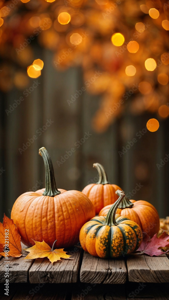 Pumpkins and autumn leaves on wooden table, portrait view, Halloween scene with bokeh lights in background, festive fall decor, cozy autumn atmosphere, seasonal celebration, copy space Pumpkins and autumn leaves on wooden table, portrait view, Halloween scene with bokeh lights in background, festive fall decor, cozy autumn atmosphere, seasonal celebration, copy space