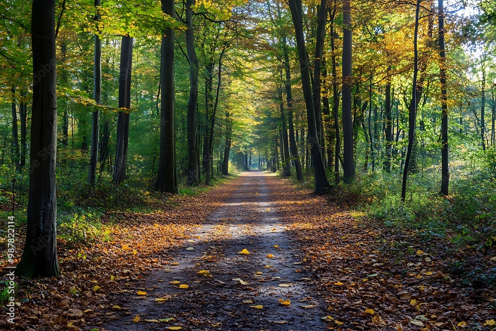 Fototapeta premium Sunlit Pathway Through Autumn Forest