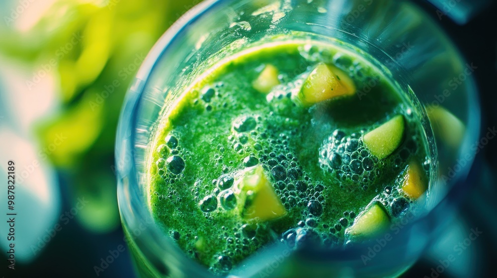 A close-up of a green smoothie with apple pieces, showcasing a healthy drink option. A close-up of a green smoothie with apple pieces, showcasing a healthy drink option.